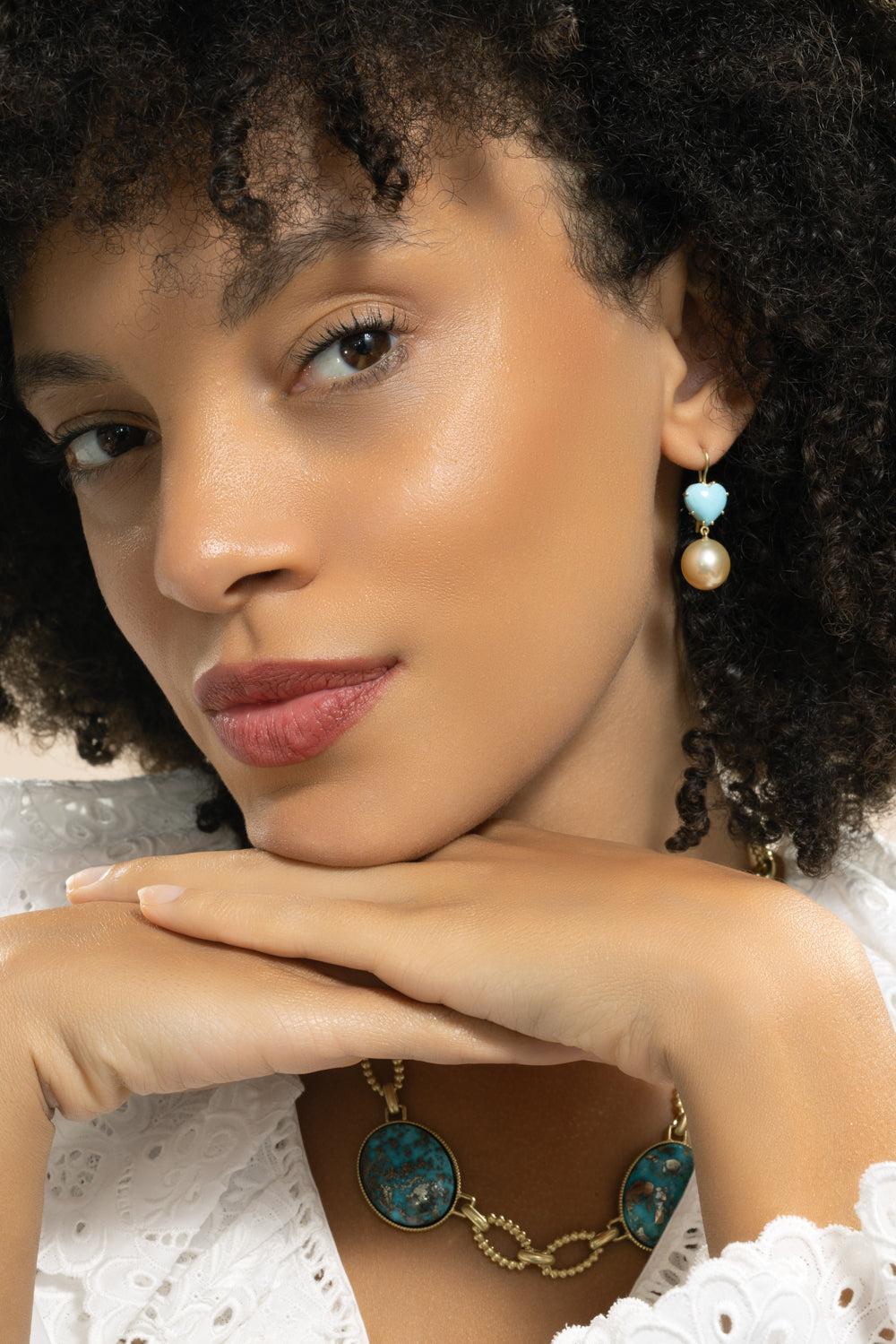 Turquoise Pearl Heart Earrings-YELLOW GOLD-JEWELRYFINE JEWELEARRING-SYLVA & CIE