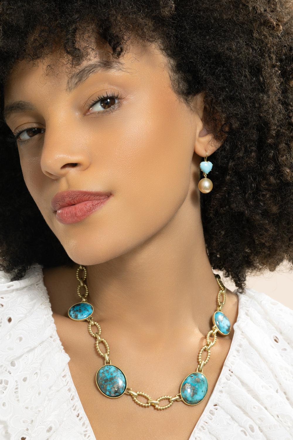 Turquoise Pearl Heart Earrings-YELLOW GOLD-JEWELRYFINE JEWELEARRING-SYLVA & CIE