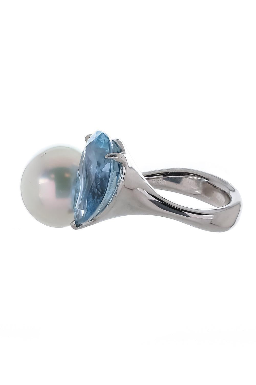 Aquamarine South Sea Pearl Button Ring-PLATINUM-6-JEWELRYFINE JEWELRING-ASSAEL
