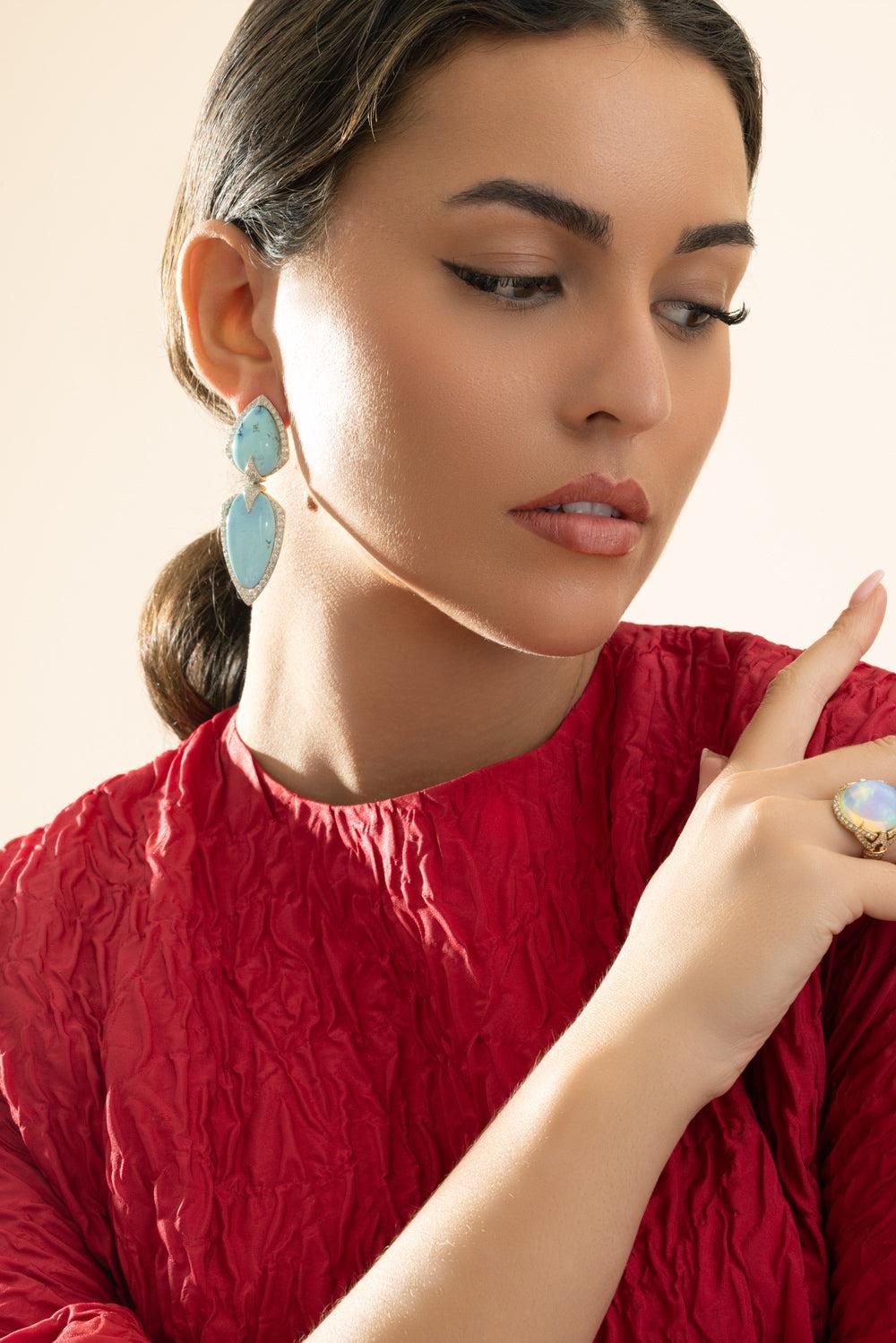 Turquoise Diamond Drop Earrings-WHITE GOLD-JEWELRYFINE JEWELEARRING-ARUNASHI