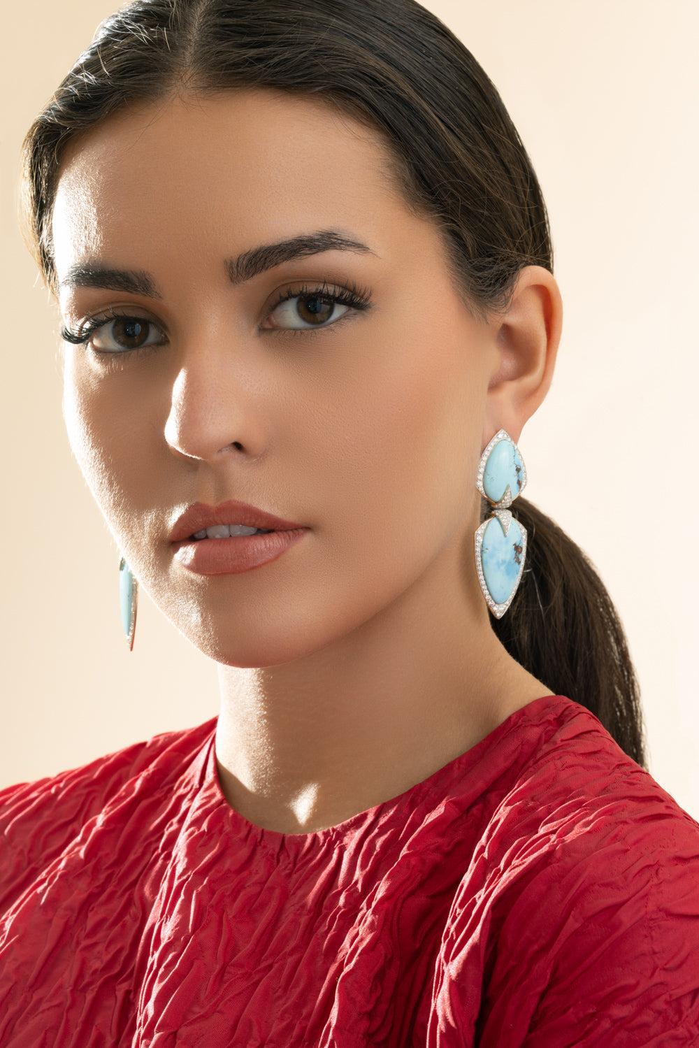 Turquoise Diamond Drop Earrings-WHITE GOLD-JEWELRYFINE JEWELEARRING-ARUNASHI