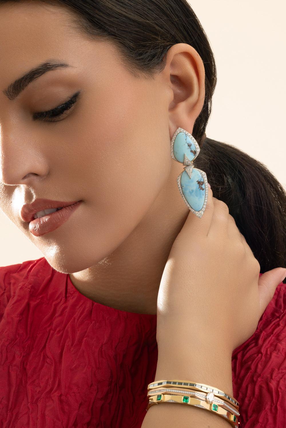 Turquoise Diamond Drop Earrings-WHITE GOLD-JEWELRYFINE JEWELEARRING-ARUNASHI