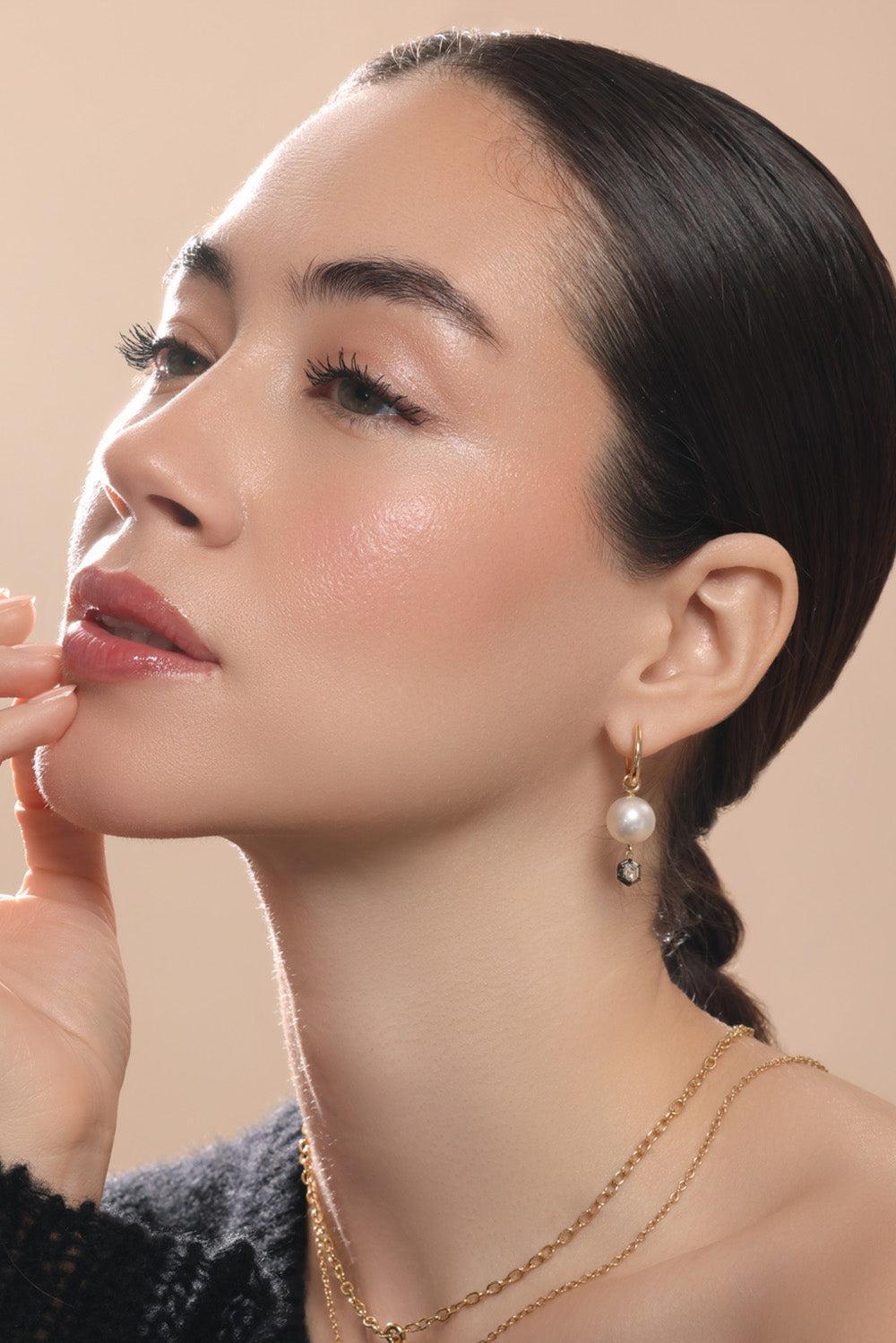 Diamond Pearl Drop Earrings-YELLOW GOLD-JEWELRYFINE JEWELEARRING-SUTRA