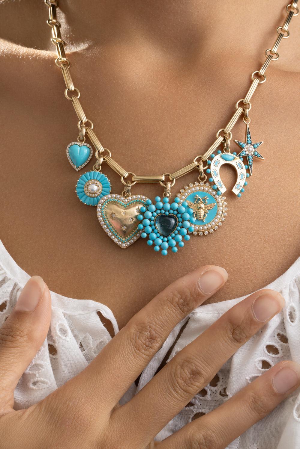 Turquoise Holly Horseshoe Charm-YELLOW GOLD-JEWELRYFINE JEWELPENDANT-STORROW