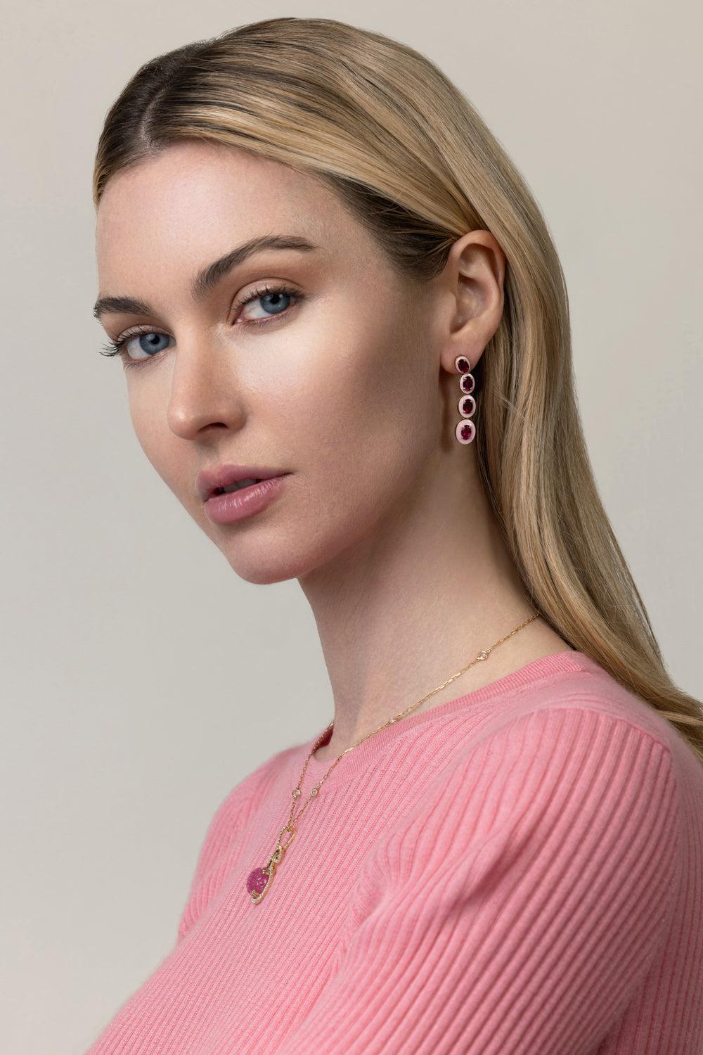 Long Pink Ruby Earrings-YELLOW GOLD-JEWELRYFINE JEWELEARRING-GOSHWARA