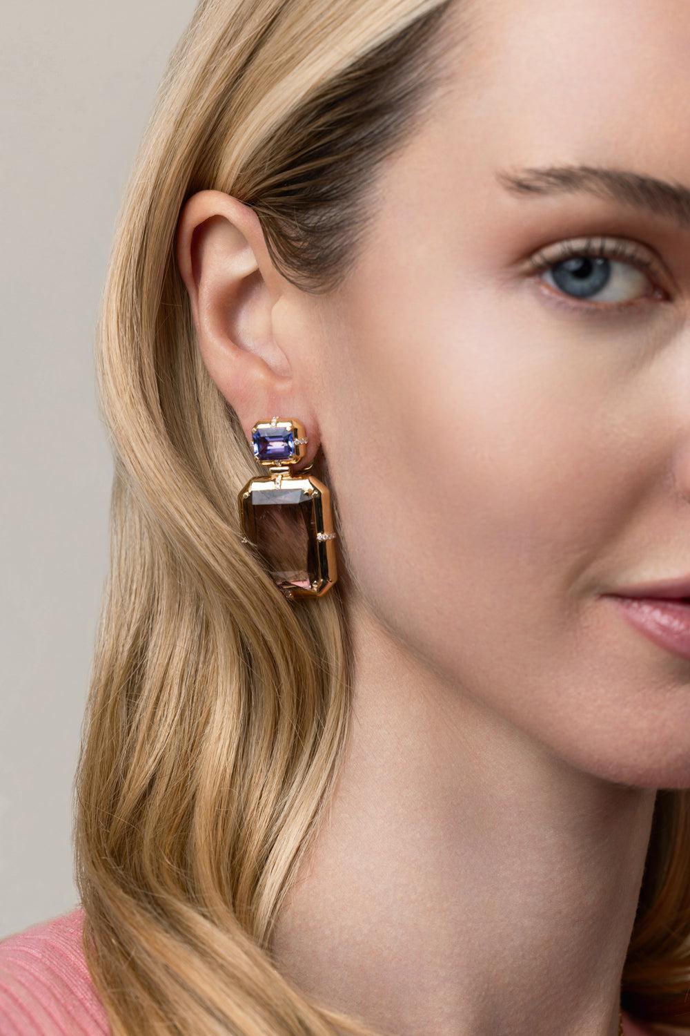 Two Tier Tanzanite Tourmaline G-One Earrings-YELLOW GOLD-JEWELRYFINE JEWELEARRING-GOSHWARA