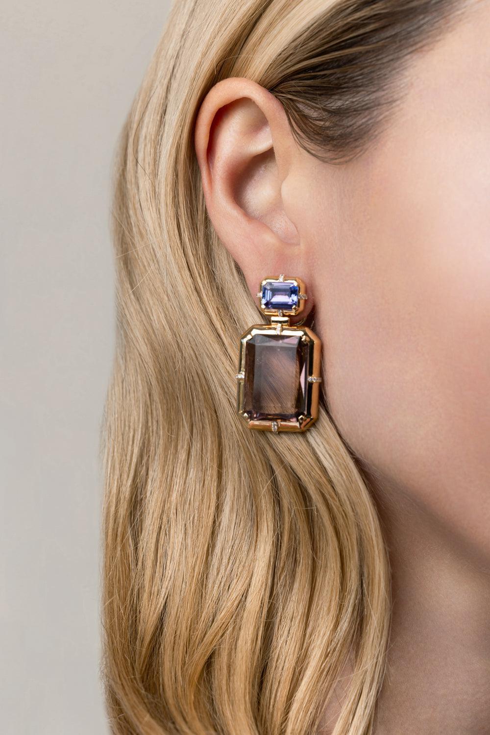 Two Tier Tanzanite Tourmaline G-One Earrings-YELLOW GOLD-JEWELRYFINE JEWELEARRING-GOSHWARA