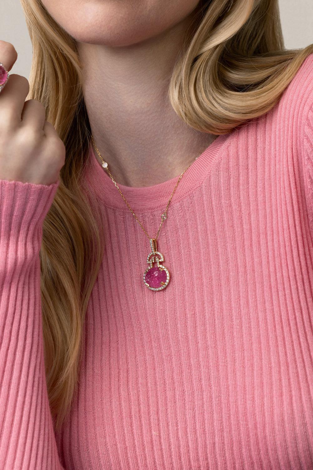 Pink Tourmaline G-One Pendant Necklace-YELLOW GOLD-JEWELRYFINE JEWELNECKLACE O-GOSHWARA