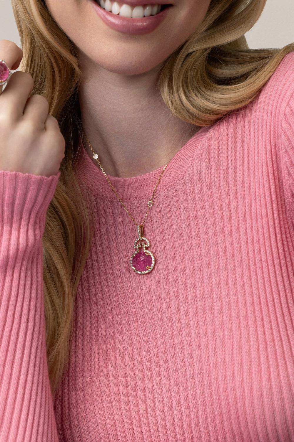 Pink Tourmaline G-One Pendant Necklace-YELLOW GOLD-JEWELRYFINE JEWELNECKLACE O-GOSHWARA