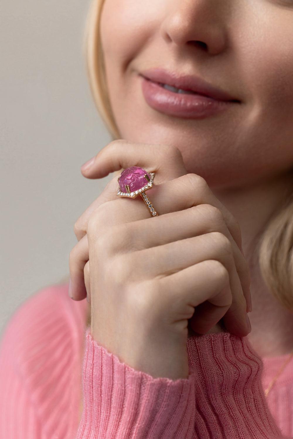 Carved Tourmaline G-One Ring-ROSE GOLD-7-JEWELRYFINE JEWELRING-GOSHWARA