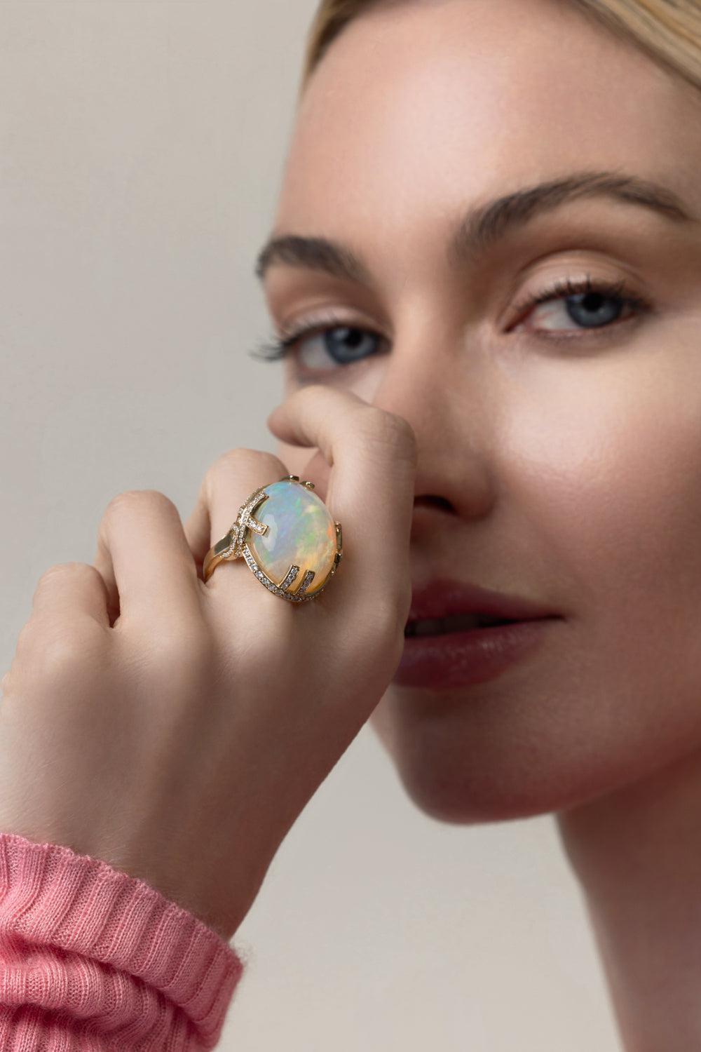 Opal Diamond G-One Ring-YELLOW GOLD-7-JEWELRYFINE JEWELRING-GOSHWARA