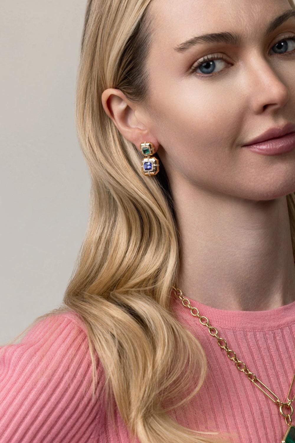 Two Tier Tanzanite G-One Earrings-YELLOW GOLD-JEWELRYFINE JEWELEARRING-GOSHWARA