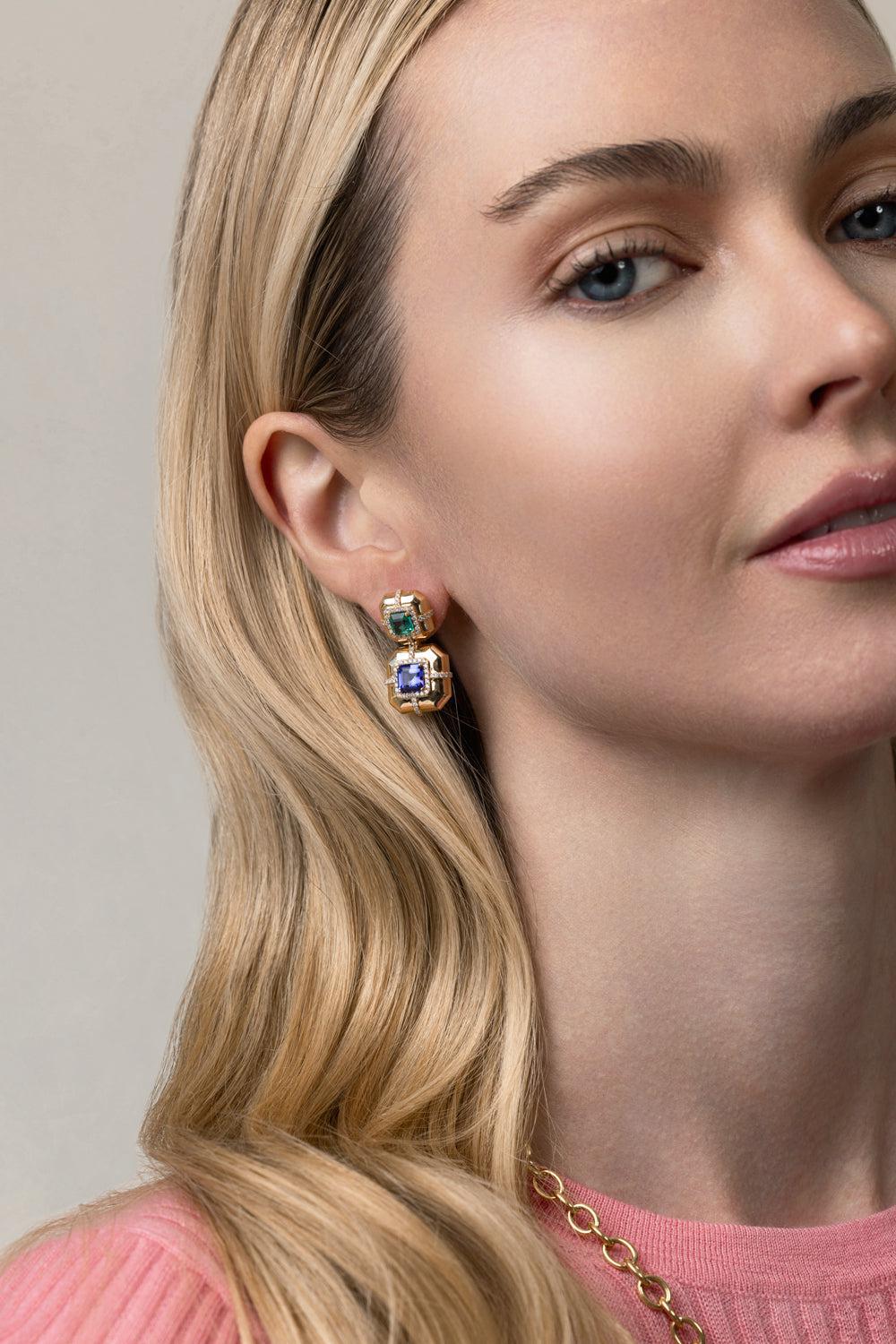 Two Tier Tanzanite G-One Earrings-YELLOW GOLD-JEWELRYFINE JEWELEARRING-GOSHWARA