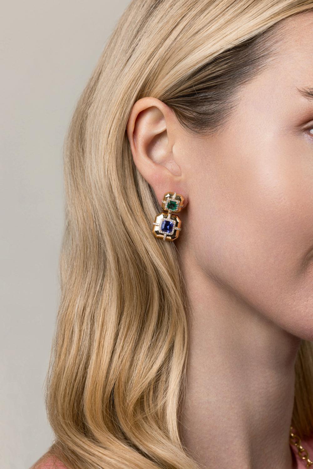Two Tier Tanzanite G-One Earrings-YELLOW GOLD-JEWELRYFINE JEWELEARRING-GOSHWARA