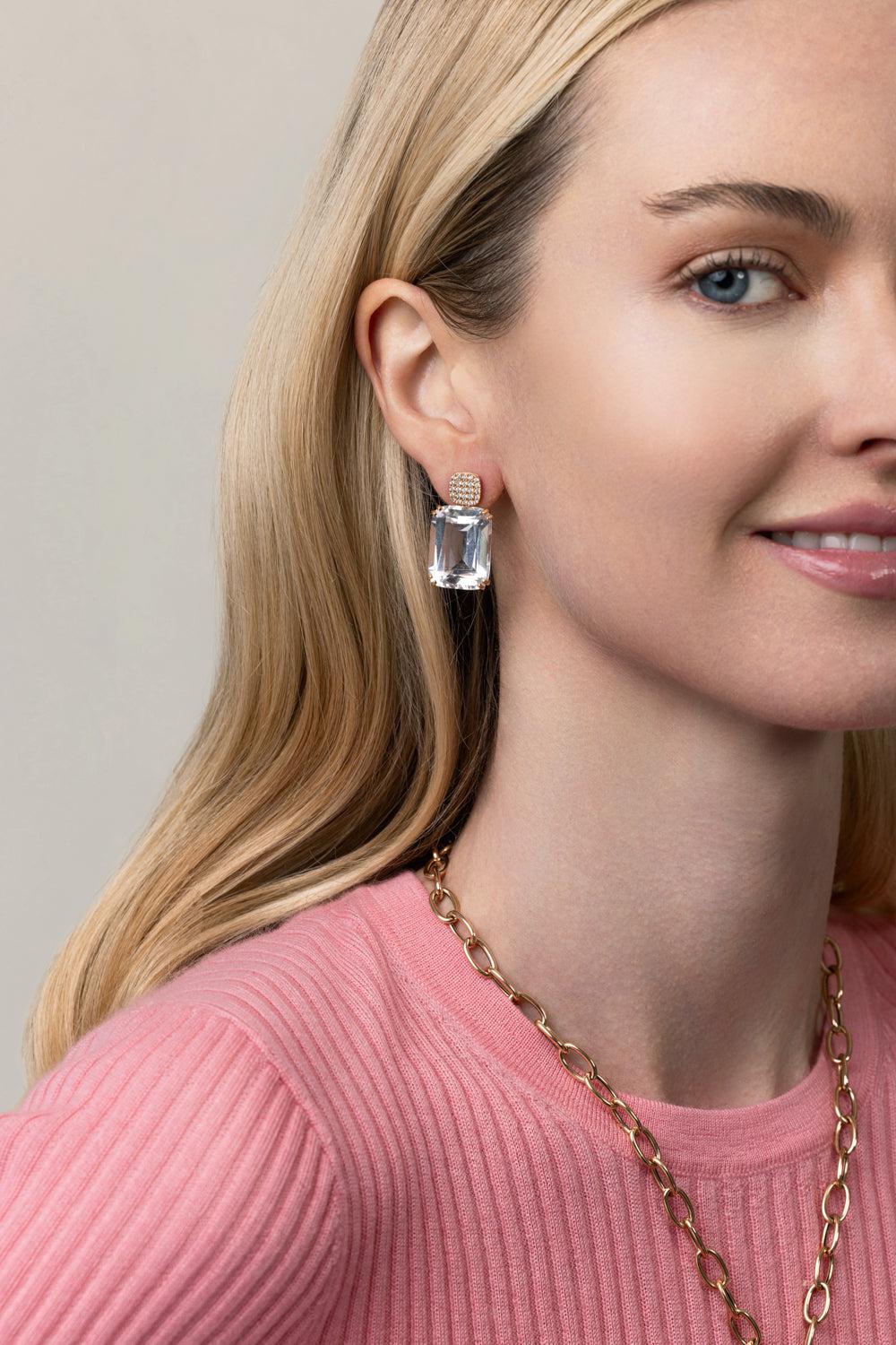 Diamond Motif Rock Crystal Cushion Cut Gossip Earrings-ROSE GOLD-JEWELRYFINE JEWELEARRING-GOSHWARA