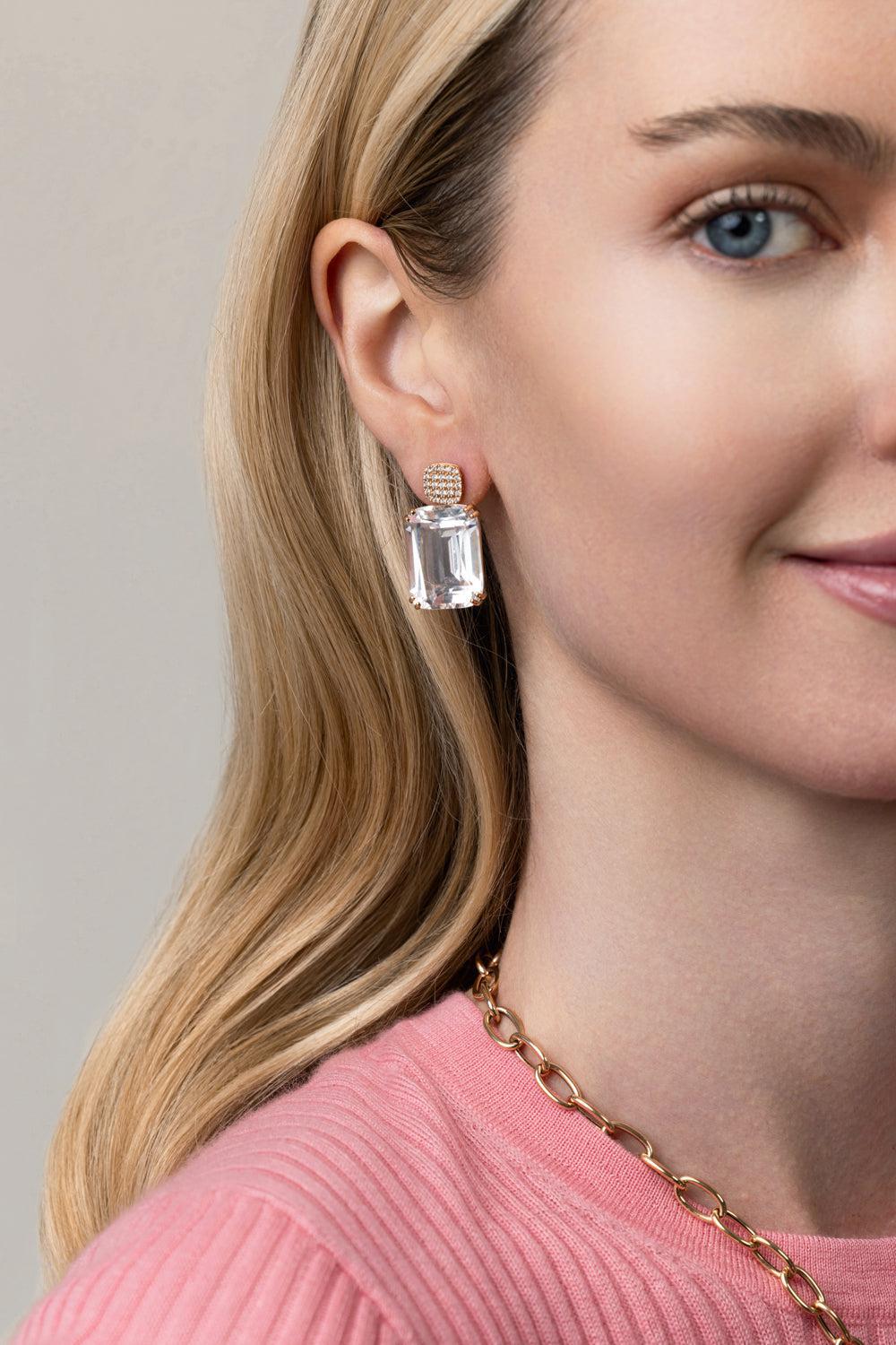 Diamond Motif Rock Crystal Cushion Cut Gossip Earrings-ROSE GOLD-JEWELRYFINE JEWELEARRING-GOSHWARA