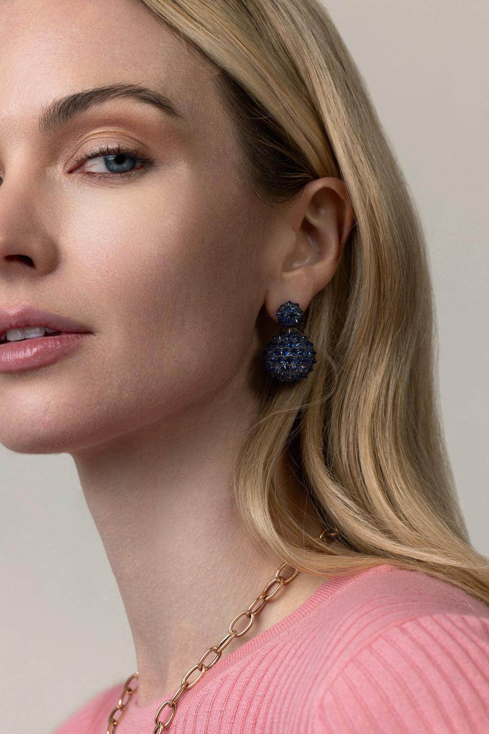 Blue Sapphire Double Ball Drop Earrings-WHITE GOLD-JEWELRYFINE JEWELEARRING-GOSHWARA