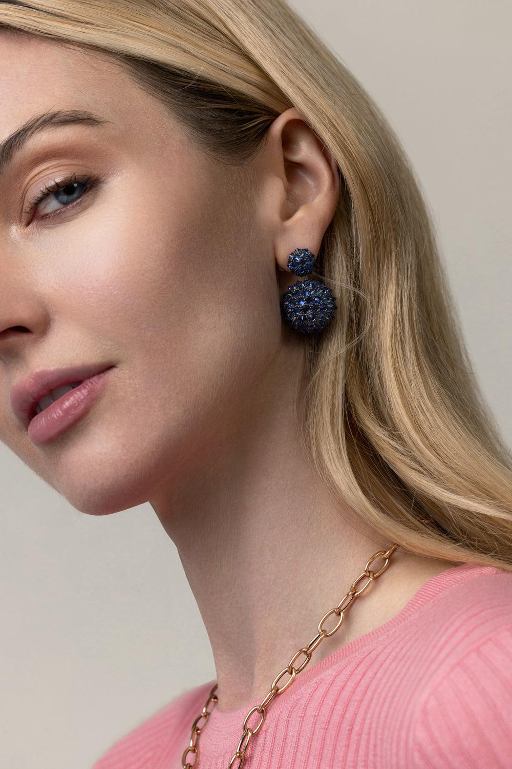 Blue Sapphire Double Ball Drop Earrings-WHITE GOLD-JEWELRYFINE JEWELEARRING-GOSHWARA