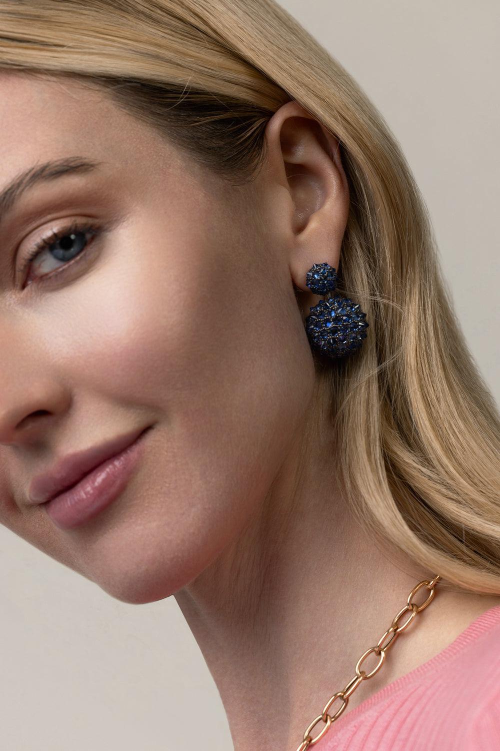 Blue Sapphire Double Ball Drop Earrings-WHITE GOLD-JEWELRYFINE JEWELEARRING-GOSHWARA