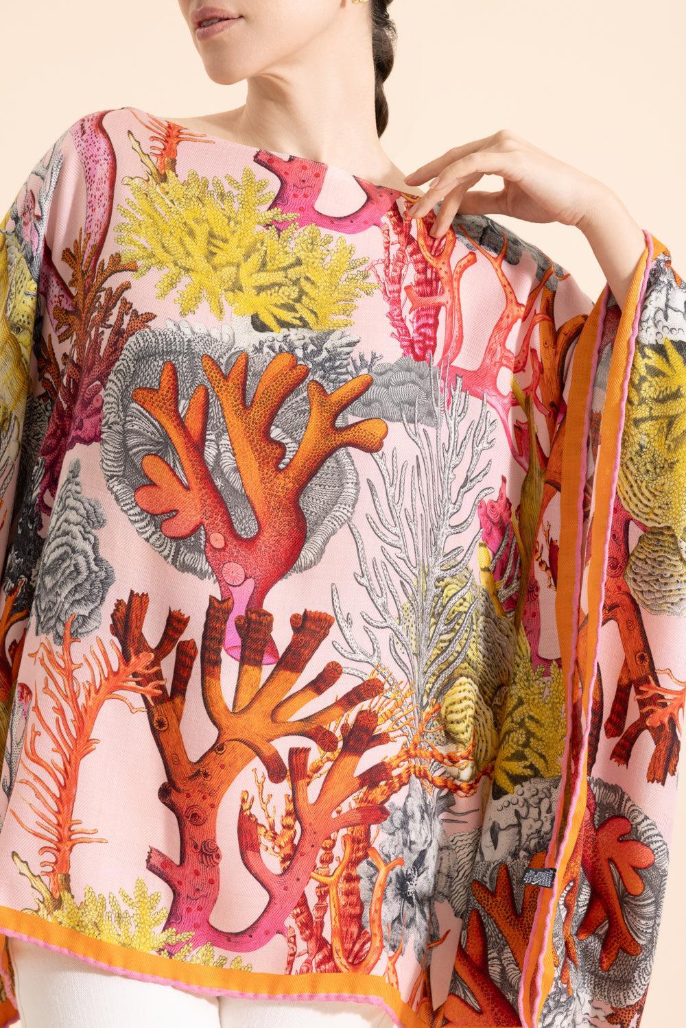 Printed Poncho - Coral Print-PINK-O/S-CLOTHINGTOPPONCHO-RANI ARABELLA
