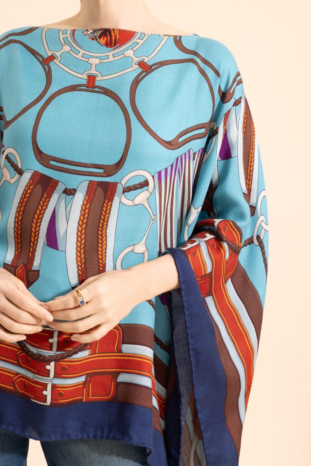 Printed Poncho - Turquoise-TURQ-O/S-CLOTHINGTOPPONCHO-RANI ARABELLA