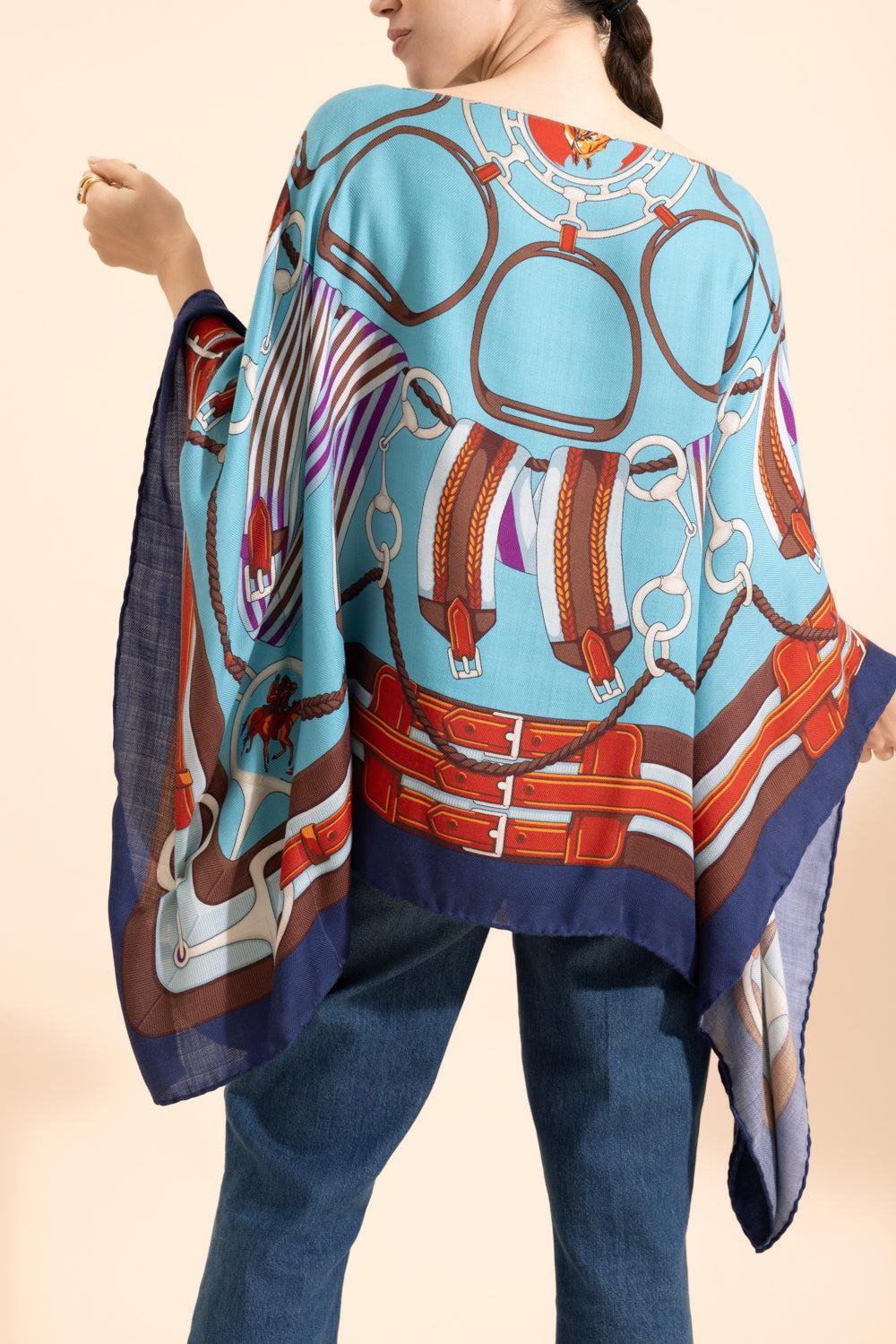 Printed Poncho - Turquoise-TURQ-O/S-CLOTHINGTOPPONCHO-RANI ARABELLA