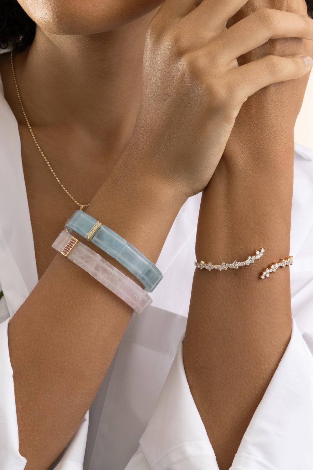 Pink Sapphire Three Row Rose Quartz Bracelet-YELLOW GOLD-JEWELRYFINE JEWELBRACELET O-SYDNEY EVAN