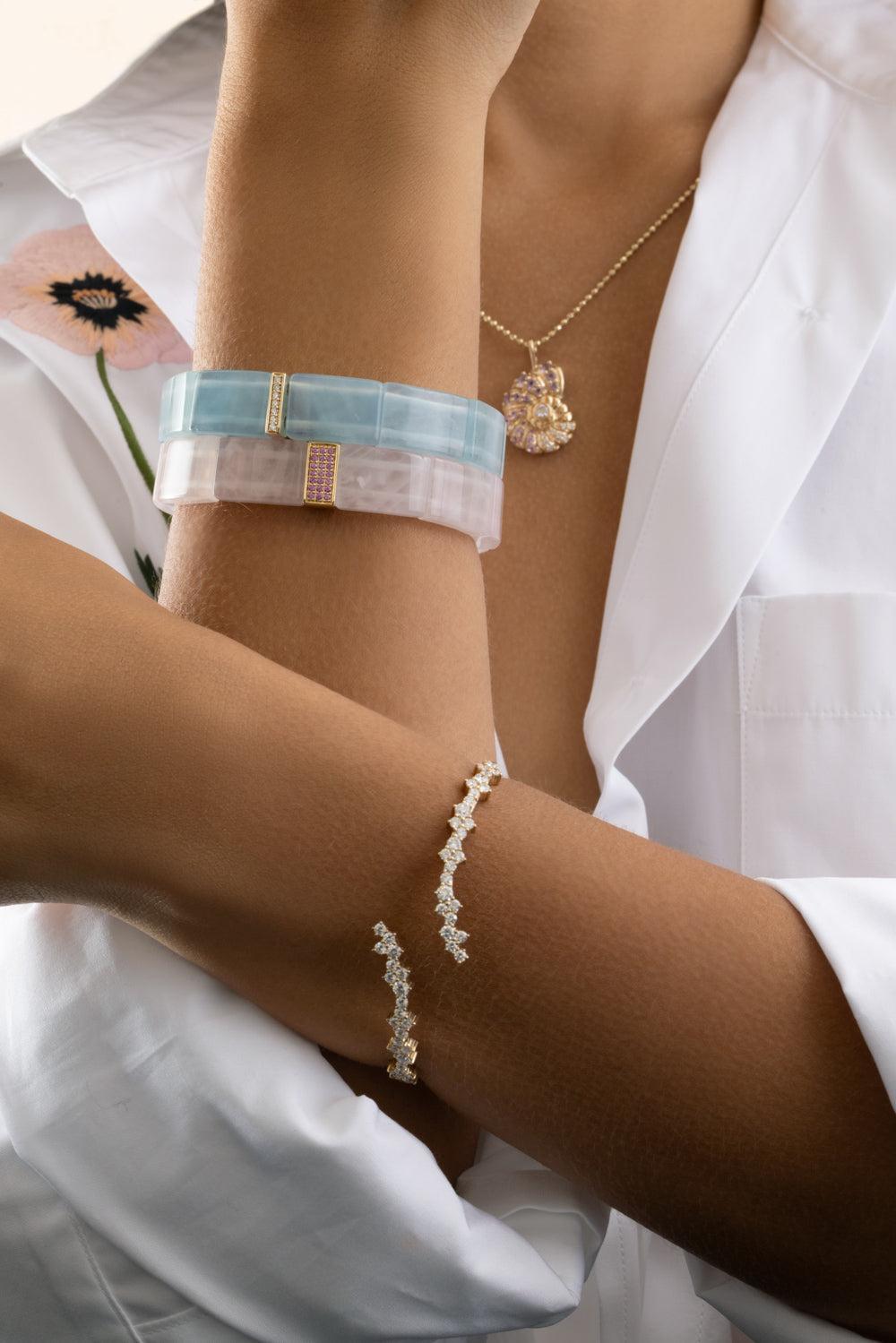 Pink Sapphire Three Row Rose Quartz Bracelet-YELLOW GOLD-JEWELRYFINE JEWELBRACELET O-SYDNEY EVAN