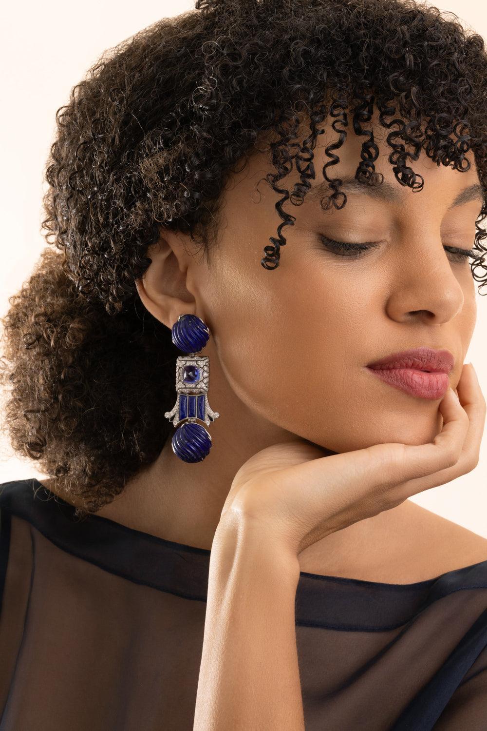 Lapis Lazuli Egyptian Column Earrings-WHITE GOLD-JEWELRYFINE JEWELEARRING-SILVIA FURMANOVICH