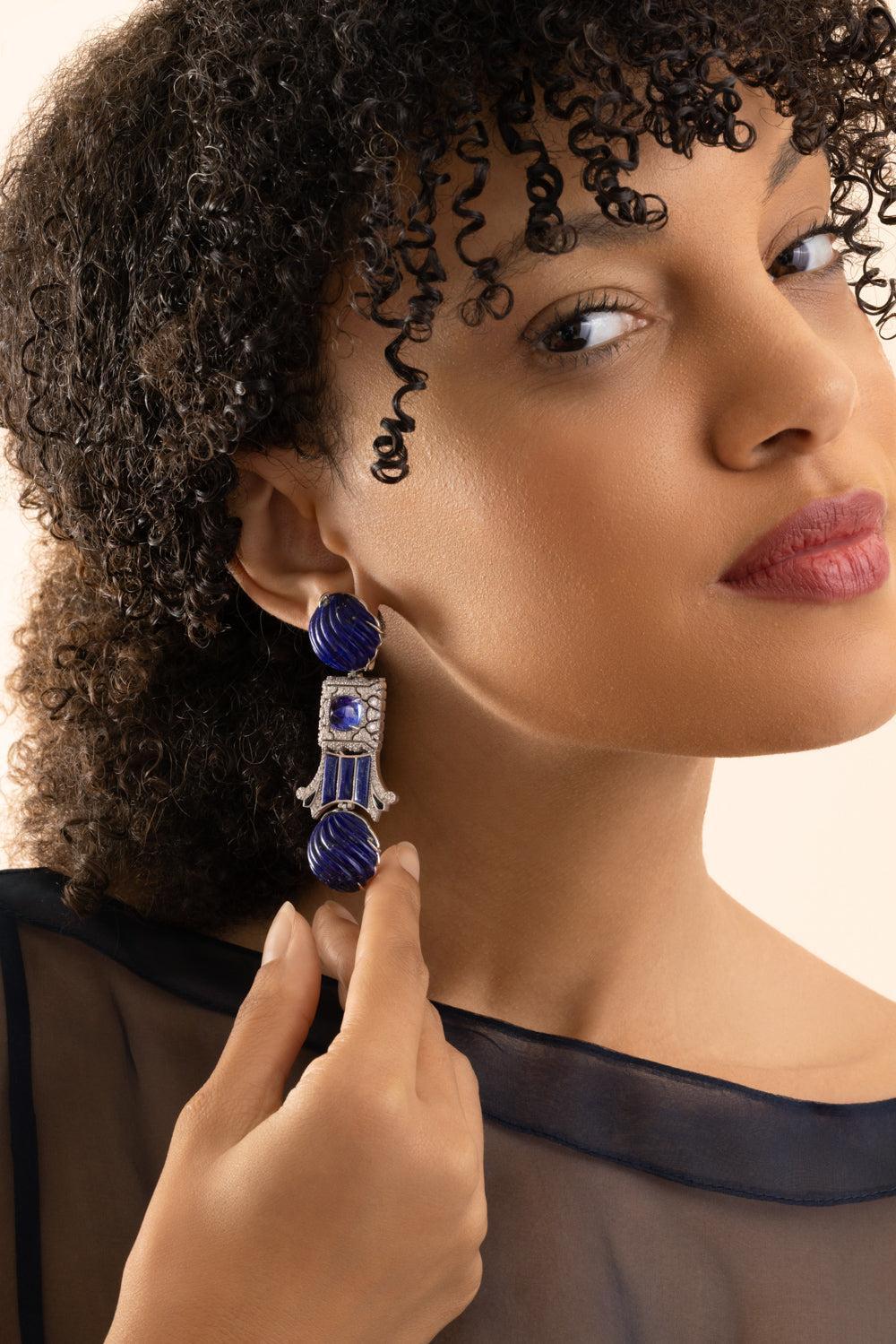 Lapis Lazuli Egyptian Column Earrings-WHITE GOLD-JEWELRYFINE JEWELEARRING-SILVIA FURMANOVICH