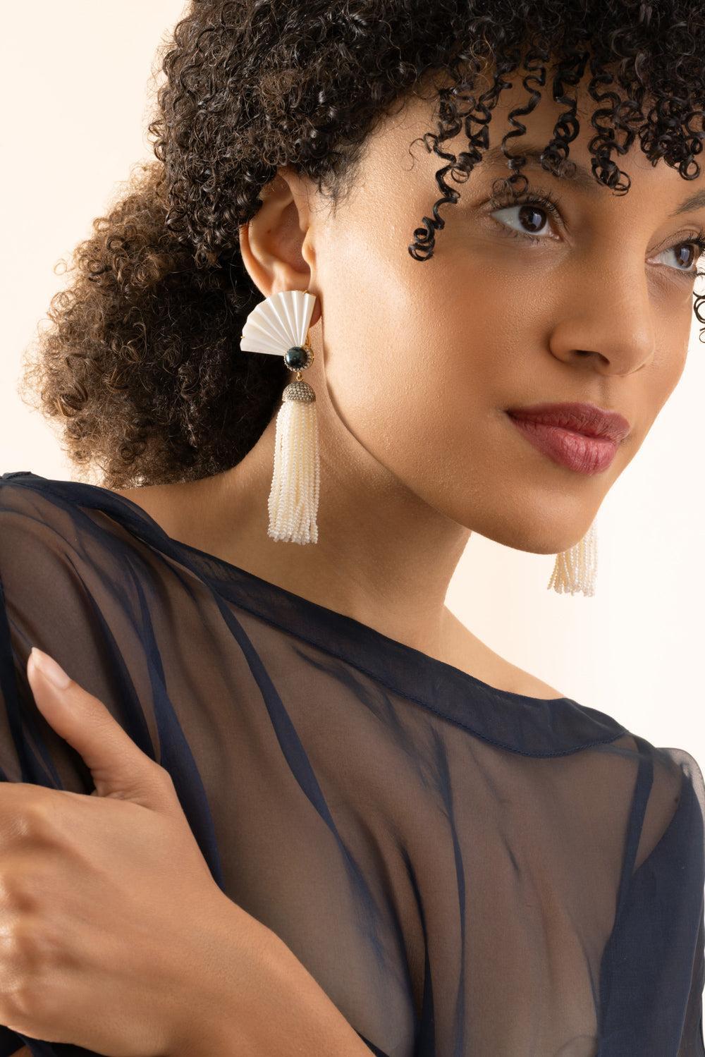 Pearl Diamond Fan Earrings-YELLOW GOLD-JEWELRYFINE JEWELEARRING-SILVIA FURMANOVICH