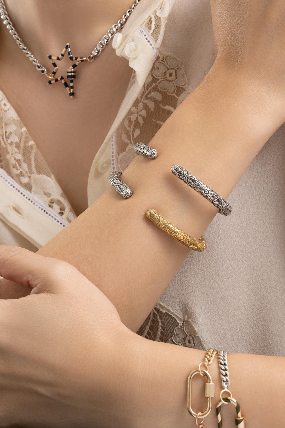 Mixed Metal Embossed Hinge Cuffling-SILVER-6.5-7-JEWELRYFINE JEWELBRACELET O-MARLA AARON