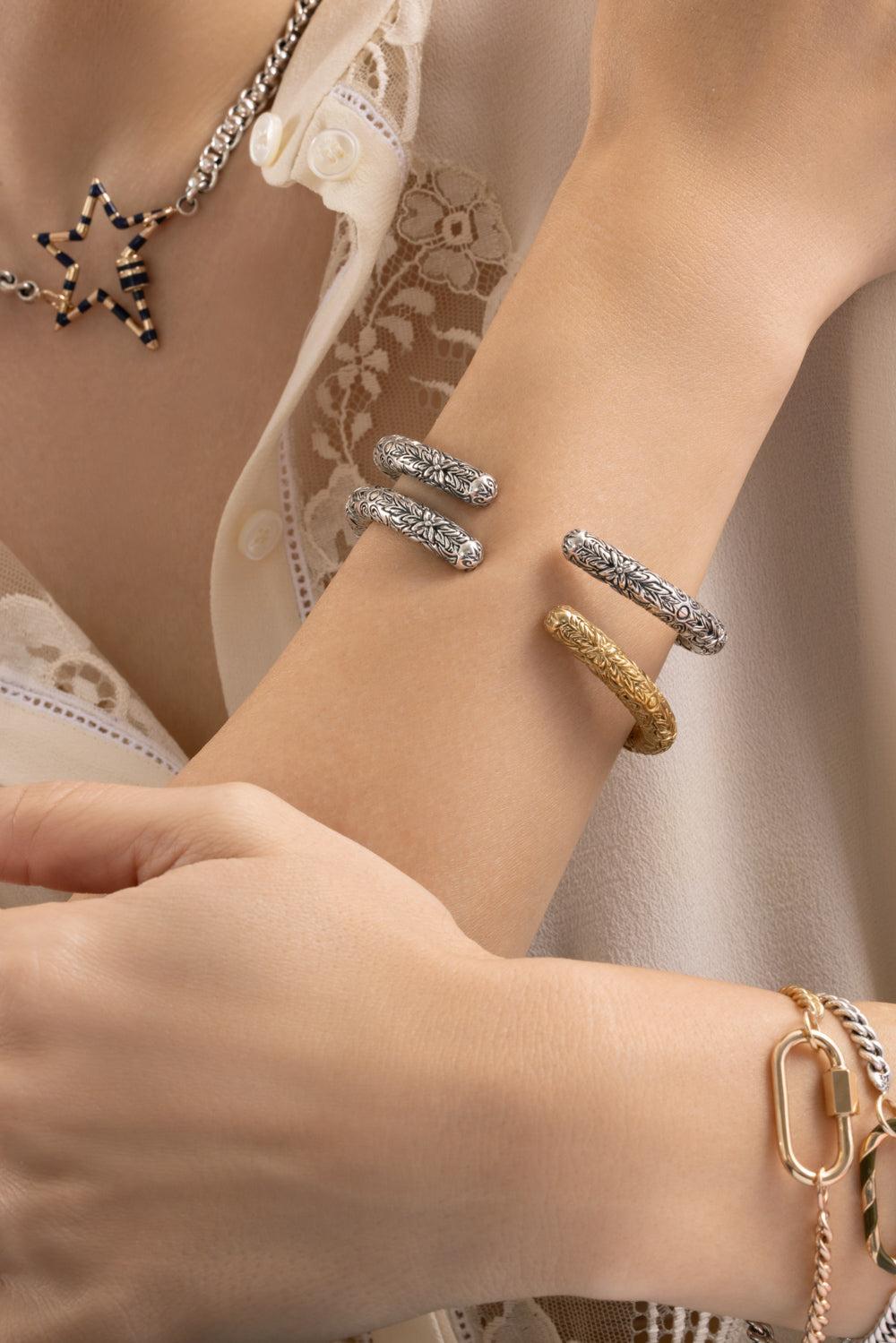 Mixed Metal Embossed Hinge Cuffling-SILVER-6.5-7-JEWELRYFINE JEWELBRACELET O-MARLA AARON