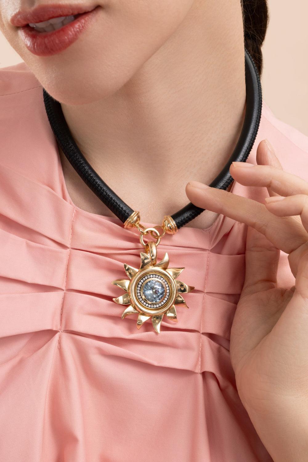 Blue Topaz Jumbo Sunflower Pendant-YELLOW GOLD-JEWELRYFINE JEWELPENDANT-MASON & BOOKS