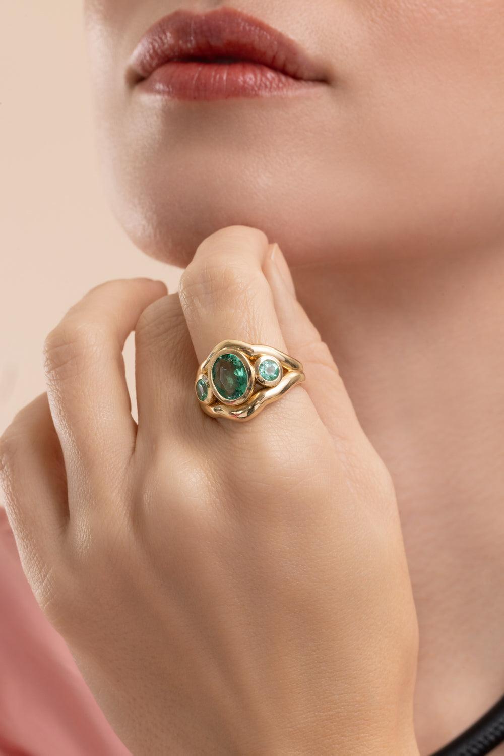 Emerald Tourmaline Three Stone Ring-YELLOW GOLD-6-JEWELRYFINE JEWELRING-MASON & BOOKS