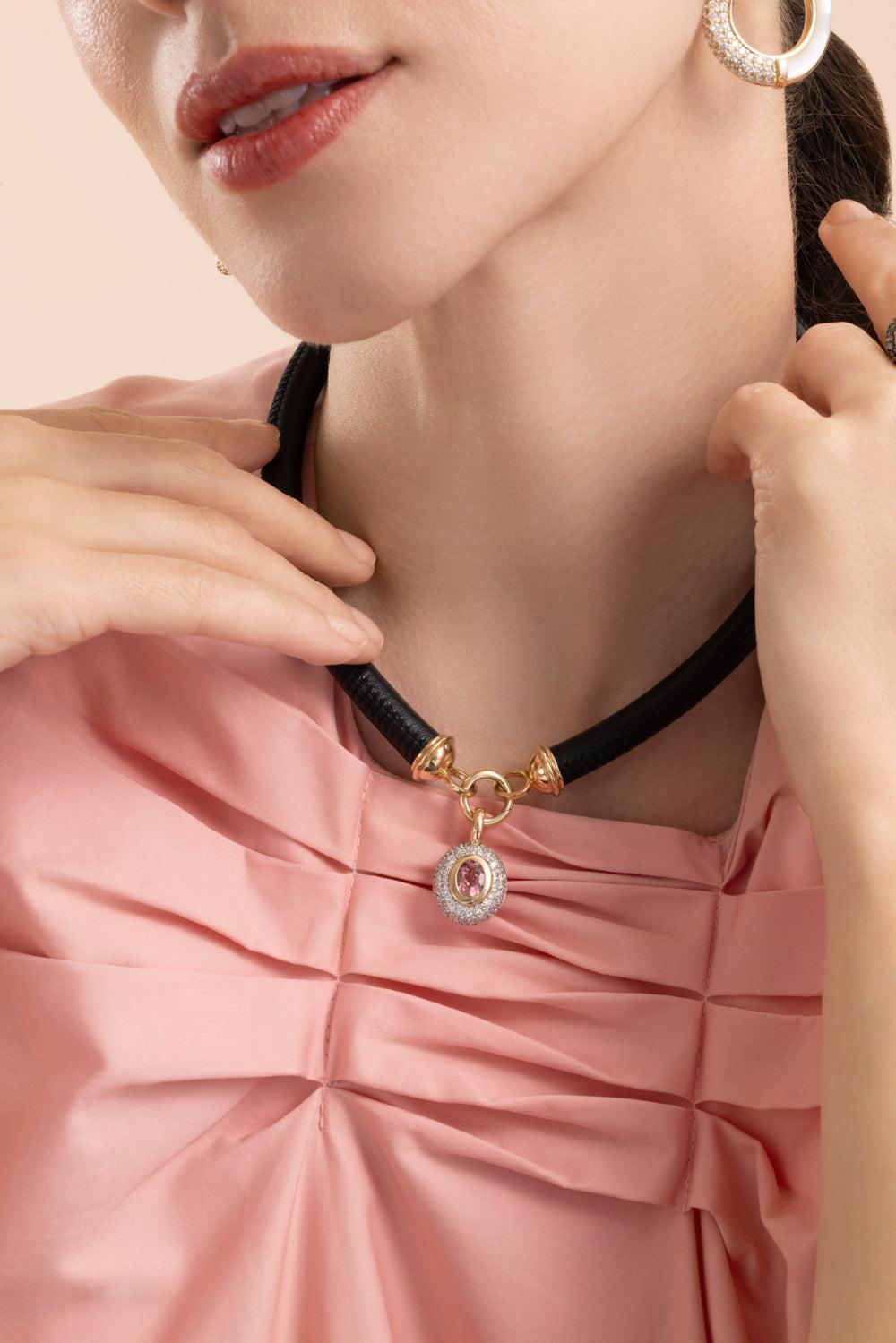 Diamond Pink Tourmaline Floret Oval Pendant-YELLOW GOLD-JEWELRYFINE JEWELPENDANT-MASON & BOOKS