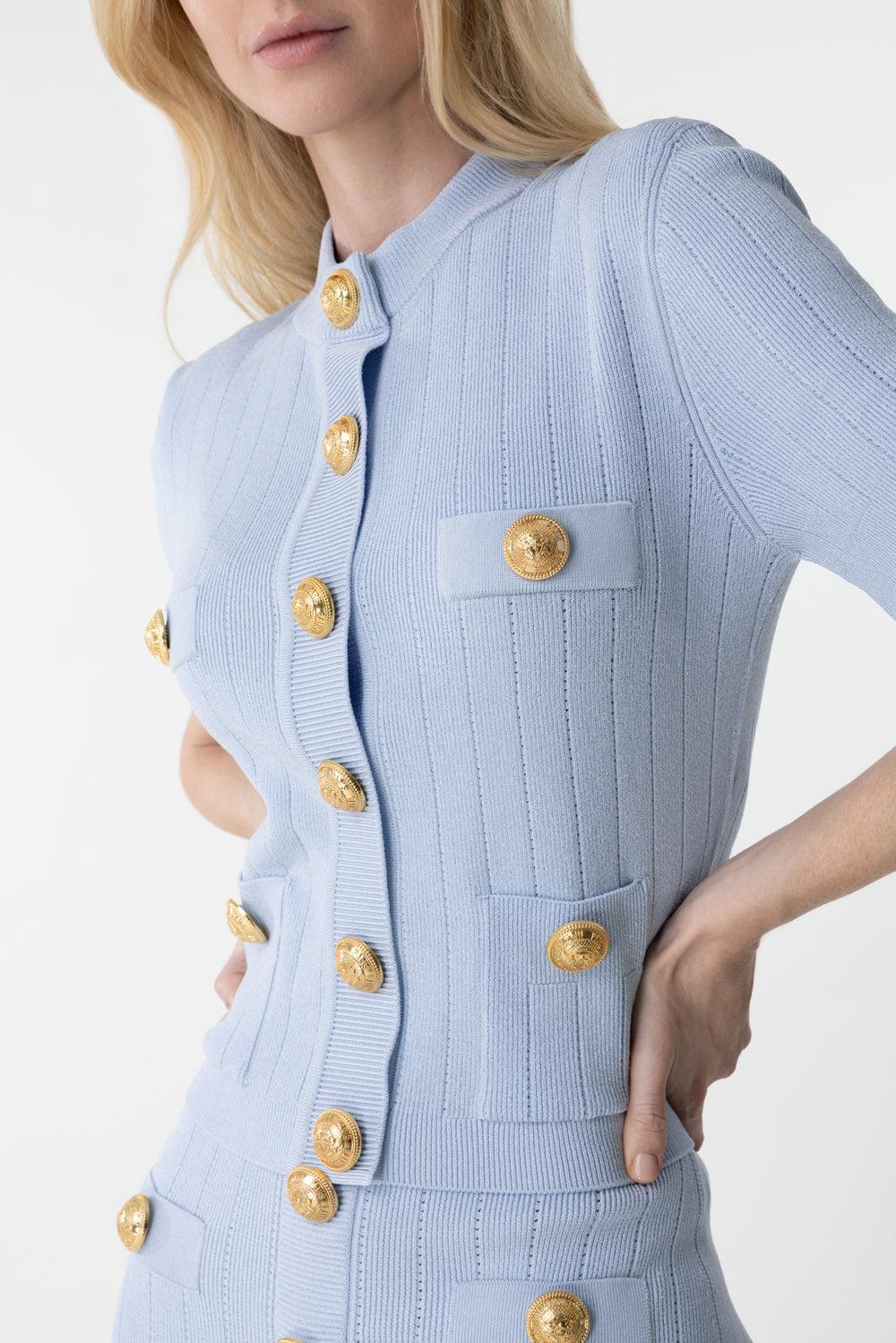 Short Sleeve Four Pocket Button Cardigan-BLEUPALE-38-CLOTHINGTOPCARDIGAN-BALMAIN