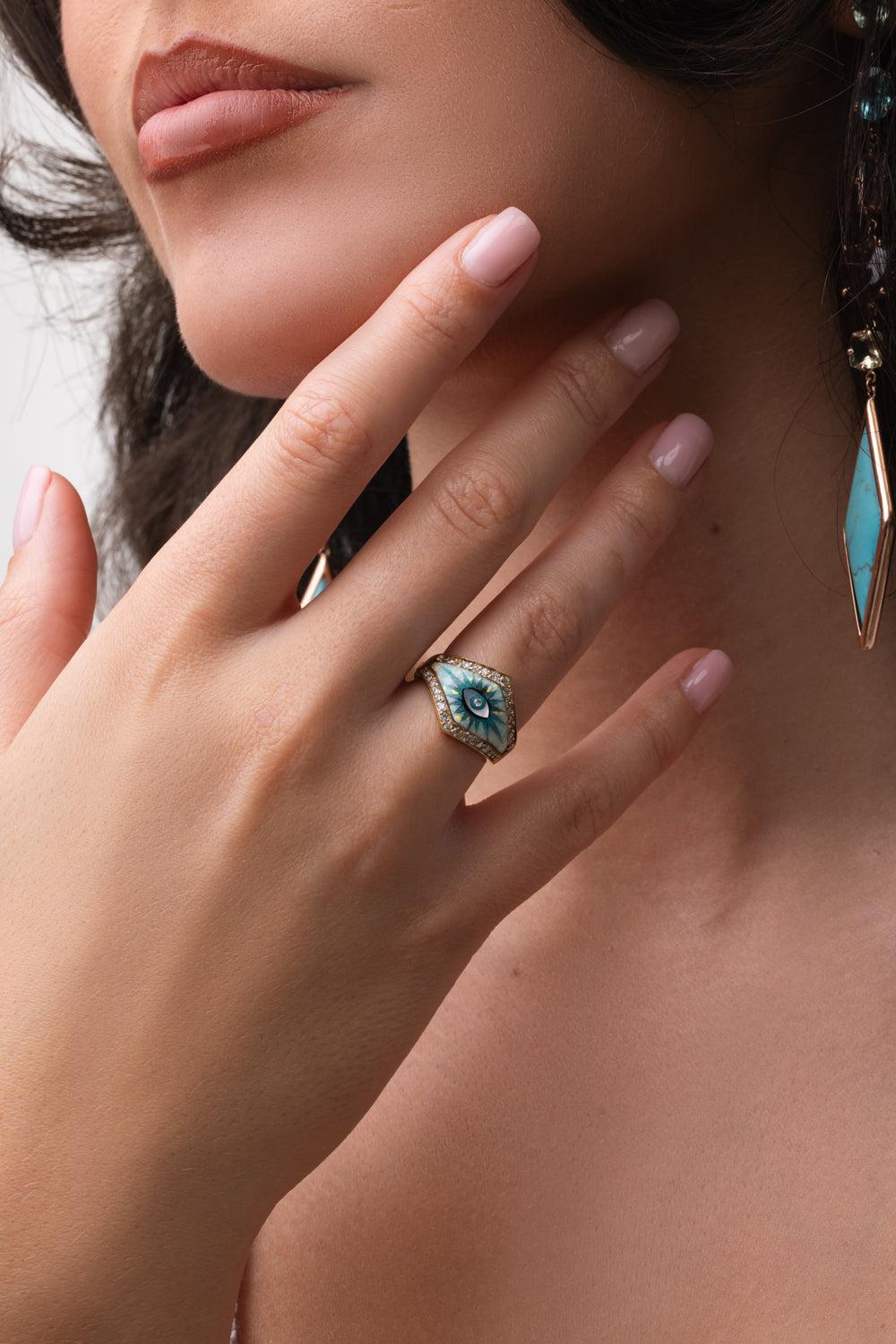 Double Row Turquoise Eye Ring-YELLOW GOLD-6.5-JEWELRYFINE JEWELRING-JACQUIE AICHE