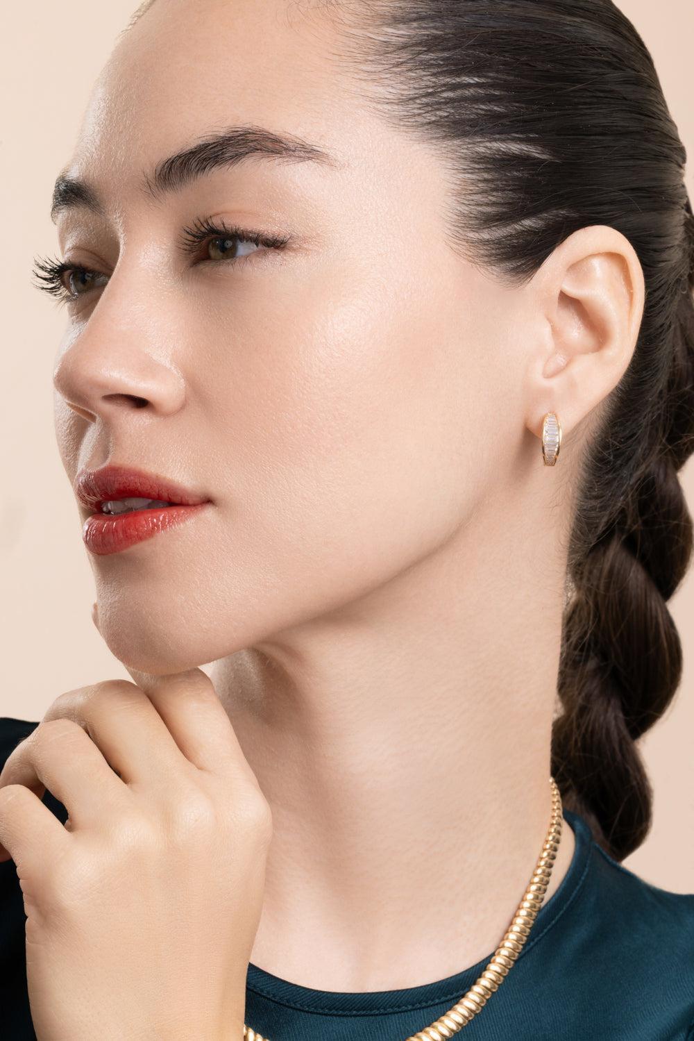 Diamond Baguette Huggie Earrings-YELLOW GOLD-JEWELRYFINE JEWELEARRING-ANITA KO