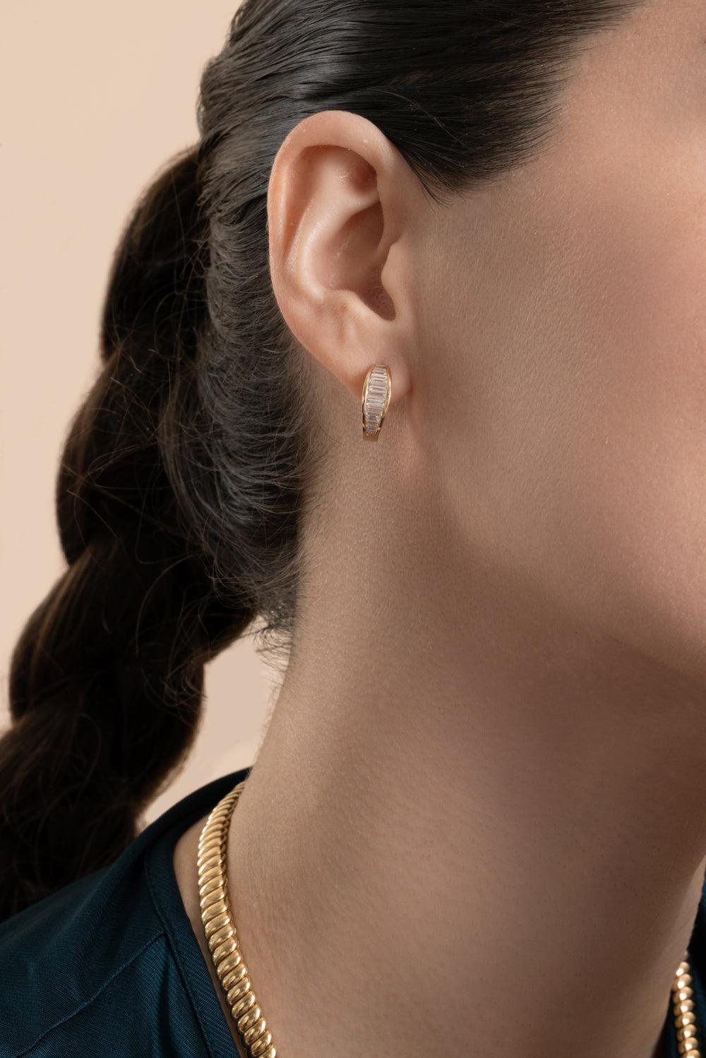 Diamond Baguette Huggie Earrings-YELLOW GOLD-JEWELRYFINE JEWELEARRING-ANITA KO