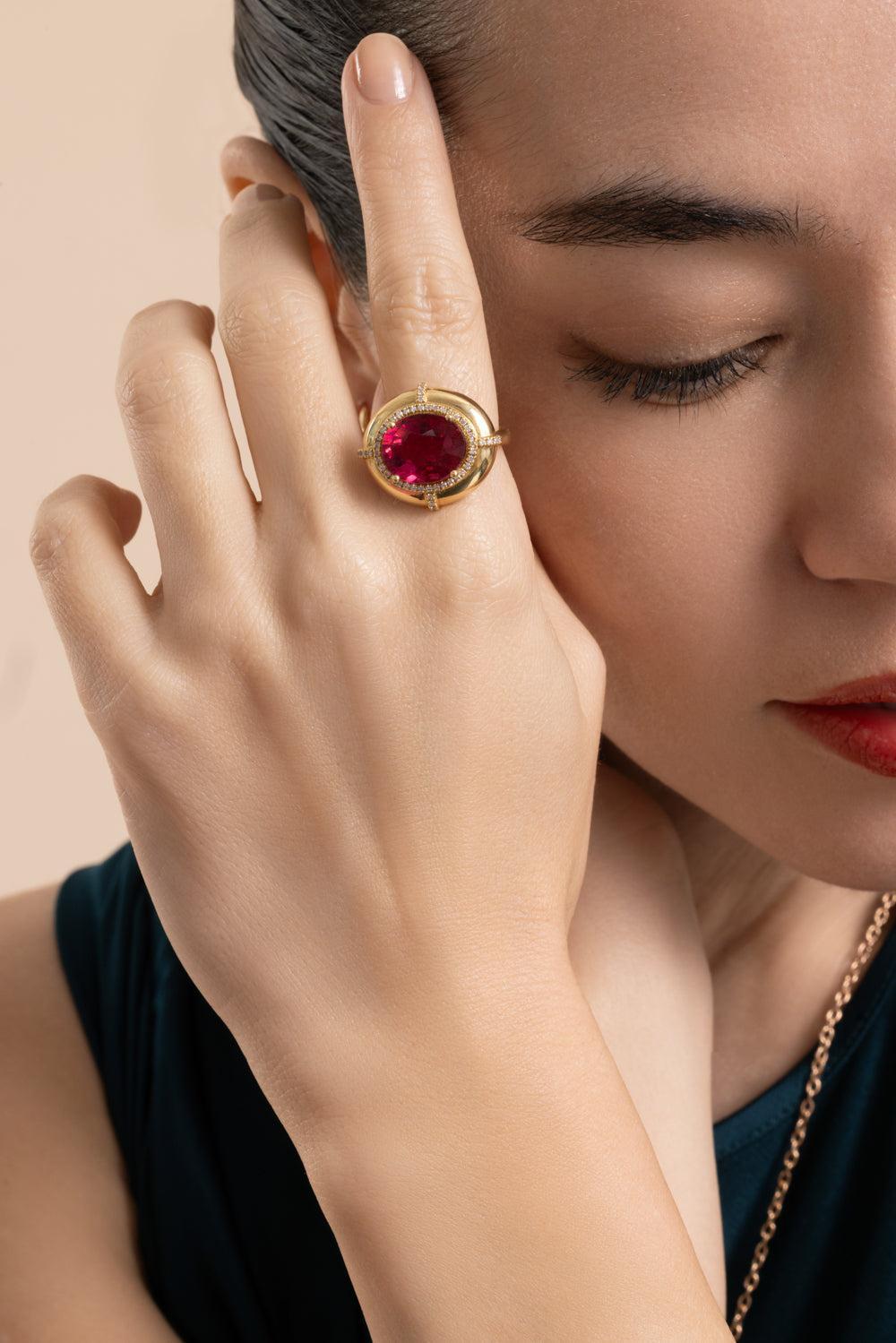 Rubellite G-One Ring-YELLOW GOLD-6.75-JEWELRYFINE JEWELRING-GOSHWARA