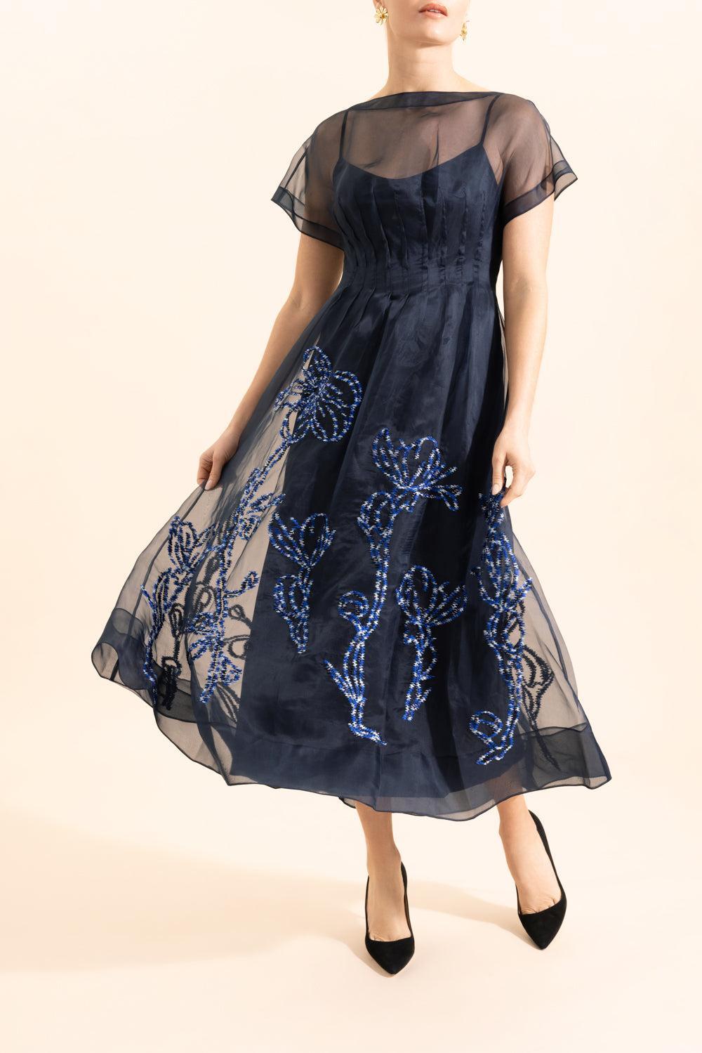 Embroidered Short Sleeve Dress-BLUE-4-CLOTHINGDRESSCOCKTAIL-LELA ROSE