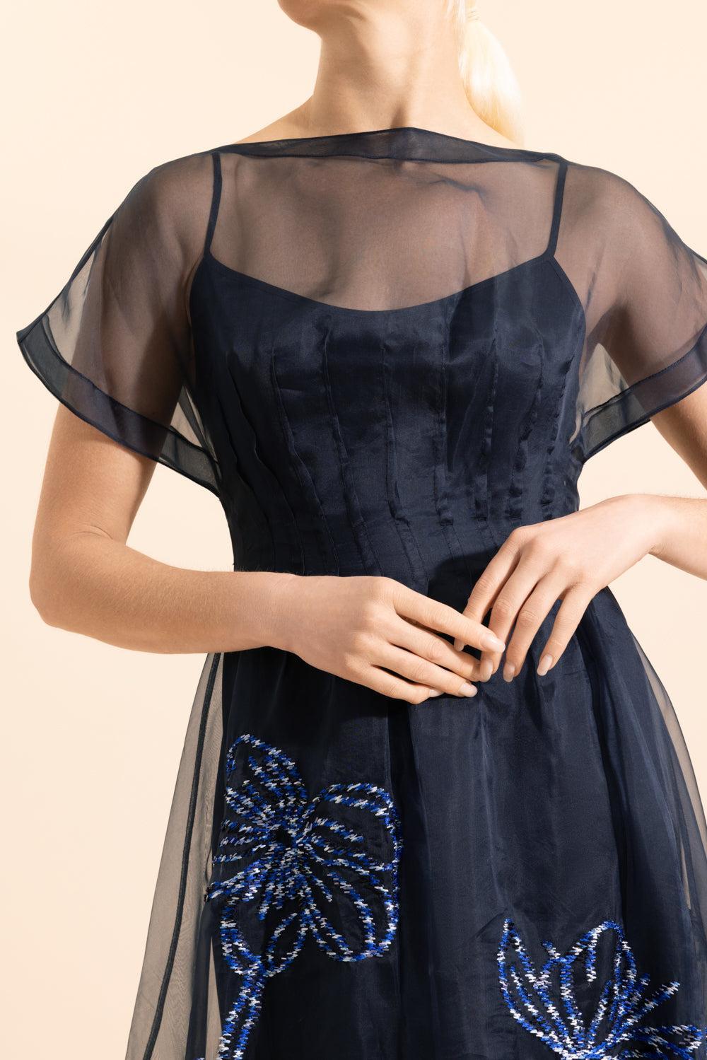 Embroidered Short Sleeve Dress-BLUE-4-CLOTHINGDRESSCOCKTAIL-LELA ROSE
