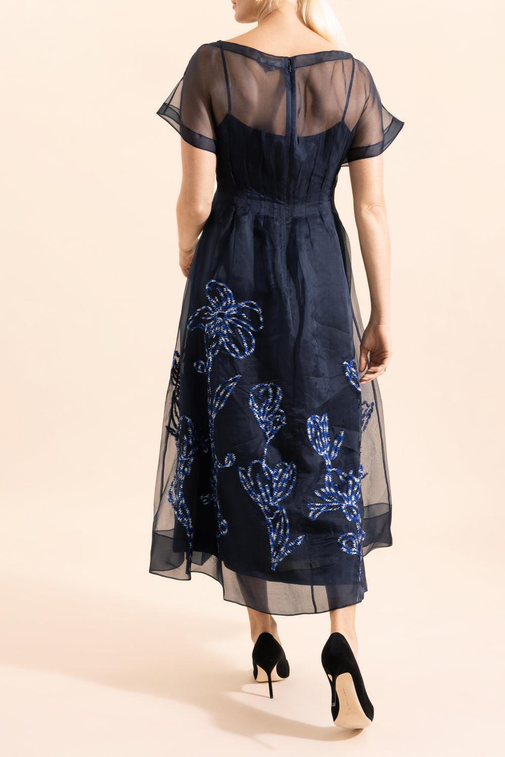 Embroidered Short Sleeve Dress-BLUE-4-CLOTHINGDRESSCOCKTAIL-LELA ROSE