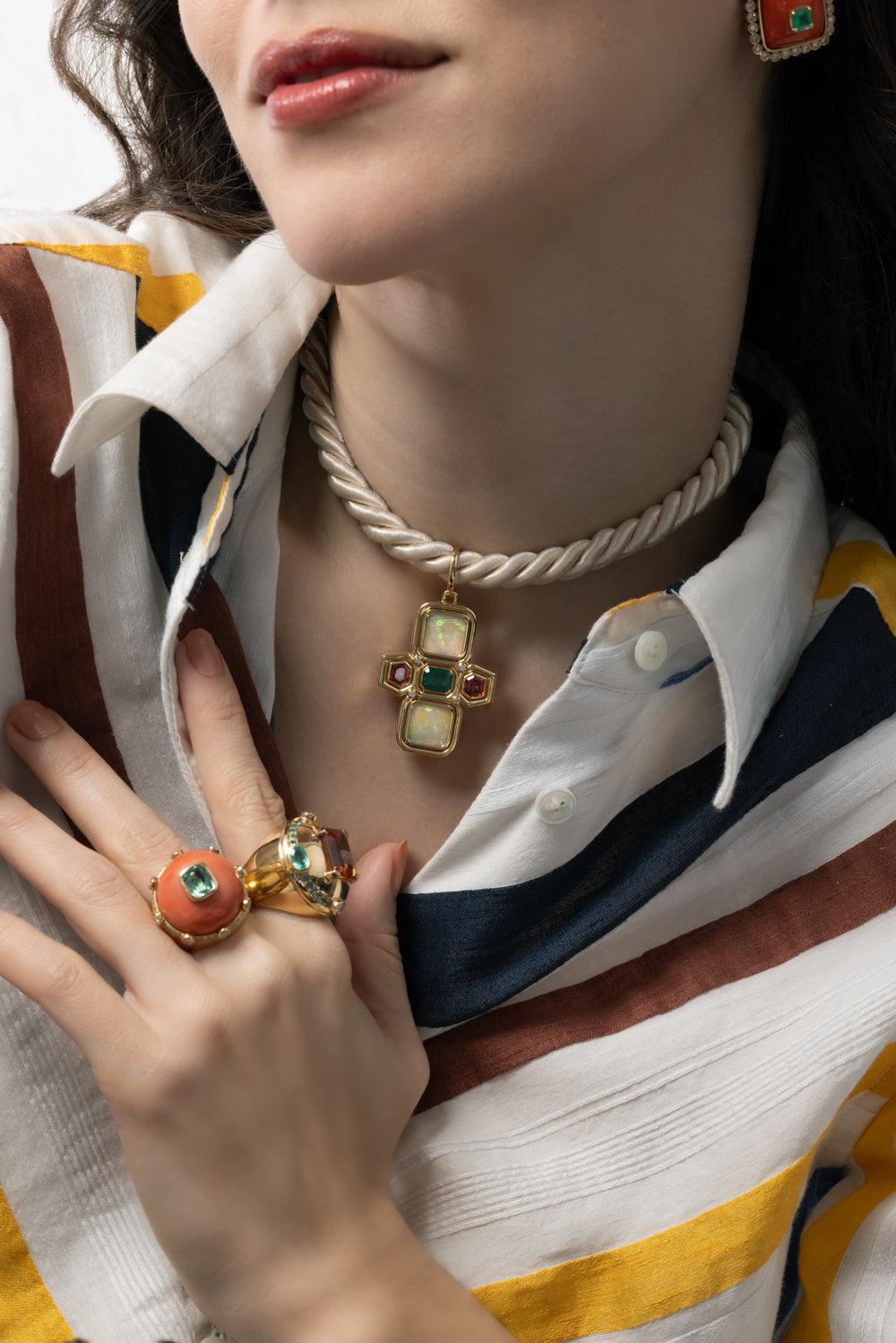 Yellow Opal Emerald Pendant Necklace-YELLOW GOLD-JEWELRYFINE JEWELNECKLACE O-DENISE CASSOU