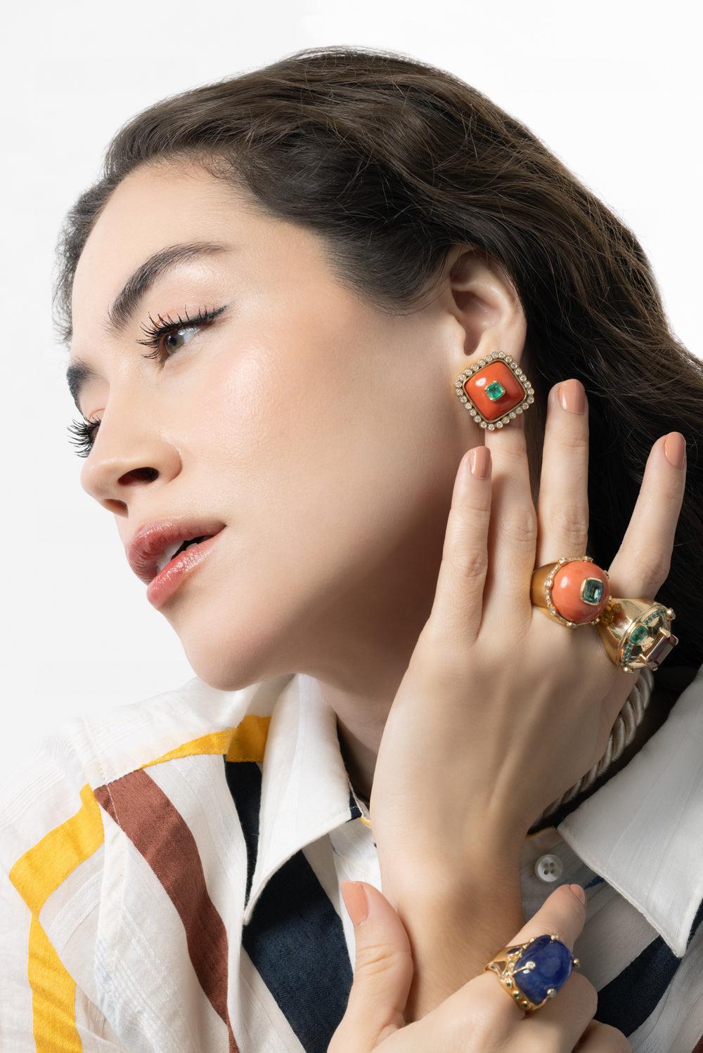 Coral Emerald Earrings-YELLOW GOLD-JEWELRYFINE JEWELEARRING-DENISE CASSOU