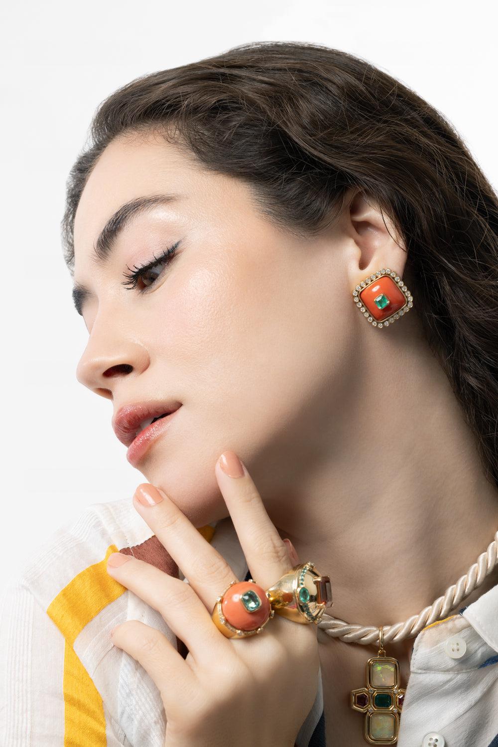 Coral Emerald Earrings-YELLOW GOLD-JEWELRYFINE JEWELEARRING-DENISE CASSOU