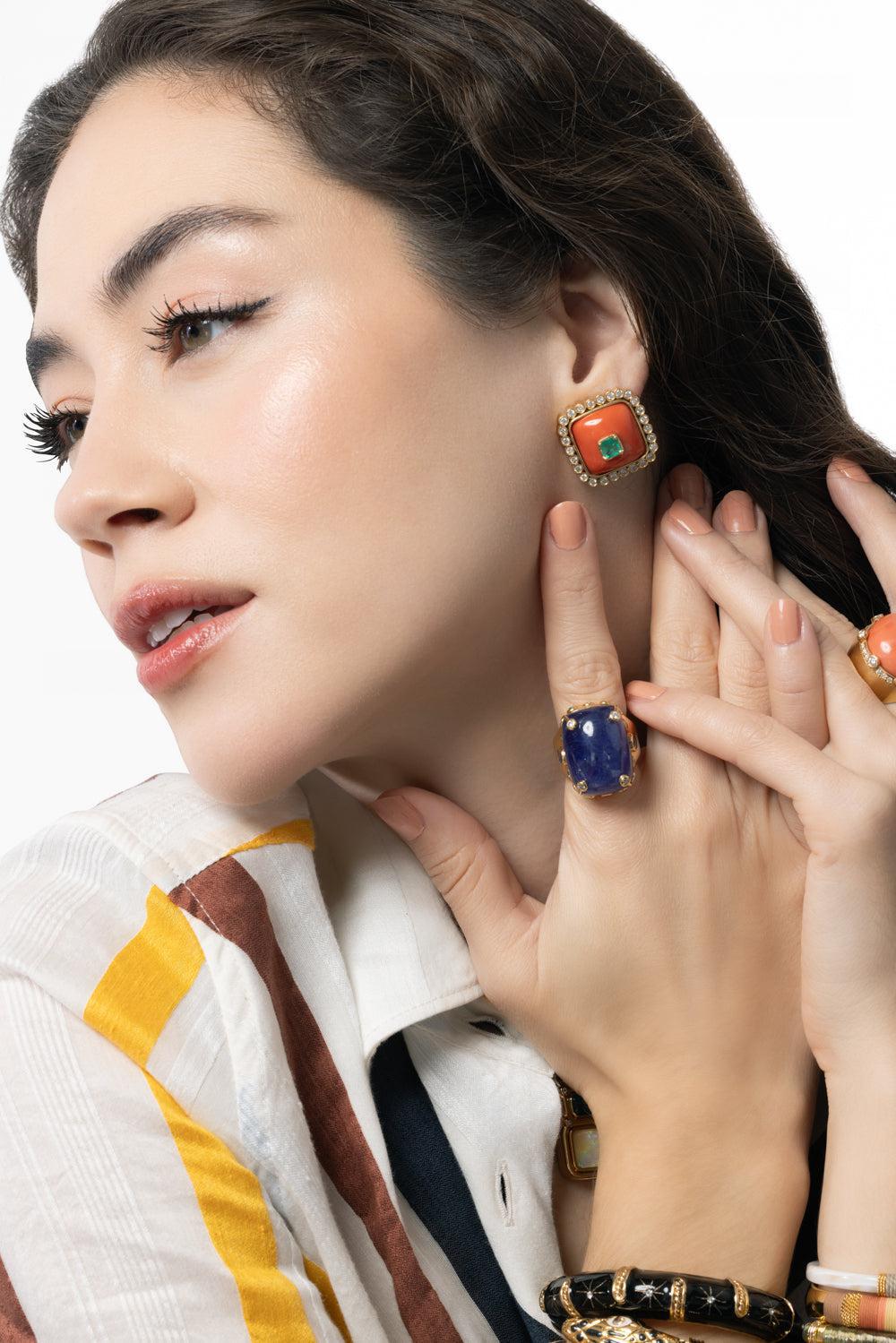 Coral Emerald Earrings-YELLOW GOLD-JEWELRYFINE JEWELEARRING-DENISE CASSOU