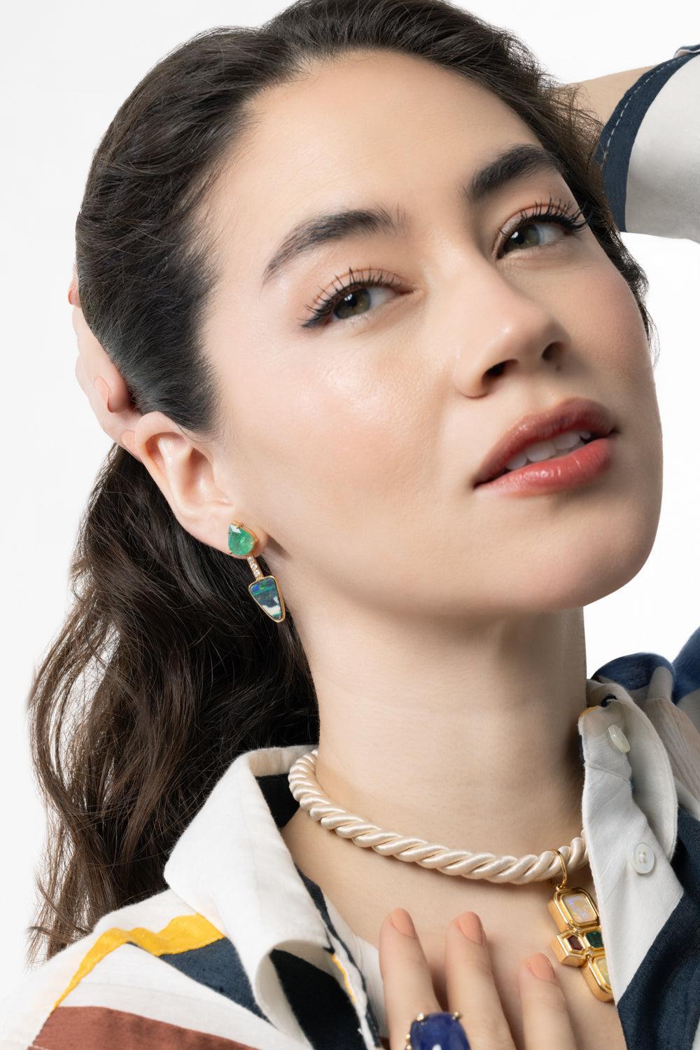 Yellow Opal Emerald Earrings-YELLOW GOLD-JEWELRYFINE JEWELEARRING-DENISE CASSOU