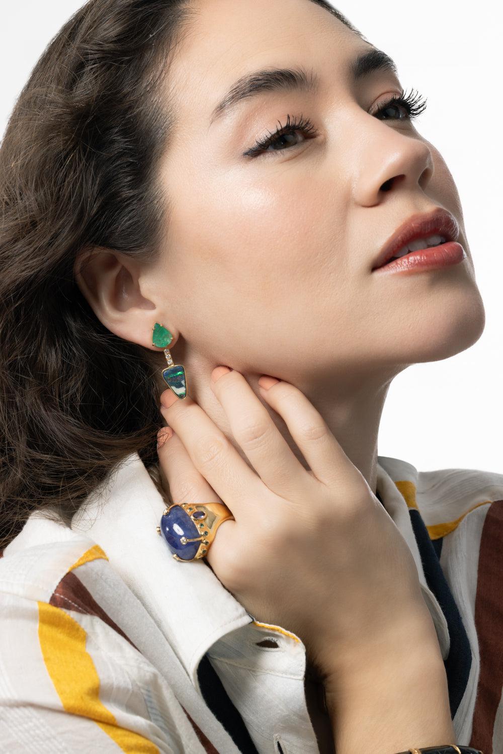Yellow Opal Emerald Earrings-YELLOW GOLD-JEWELRYFINE JEWELEARRING-DENISE CASSOU